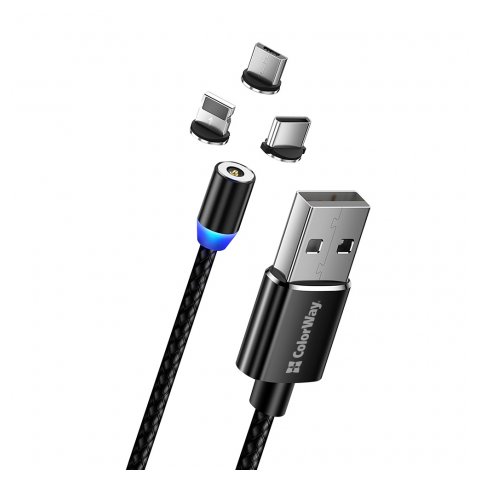 COLORWAY UNIVERZALIS KABEL 3IN1 (LIGHTNING+MICROUSB+TYPE-C) MAGN., 2.4A 1M, FEKETE (CW-CBUU020-BK)